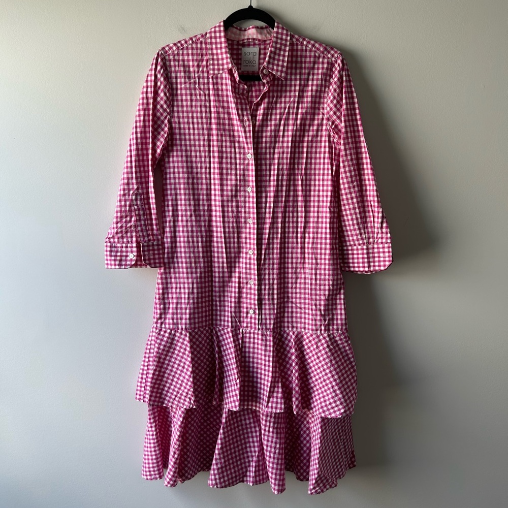 Sara Roka pink and white gingham checked ruffle hem shirt style dress